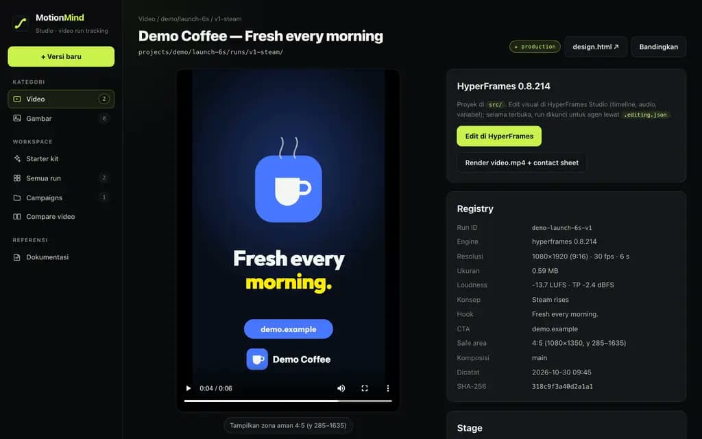 One version in the Studio: the Demo Coffee video player, the Edit in HyperFrames button and a registry table with loudness, resolution and checksum